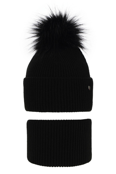 Girl's winter set: hat and tube scarf black Reneta with pompom