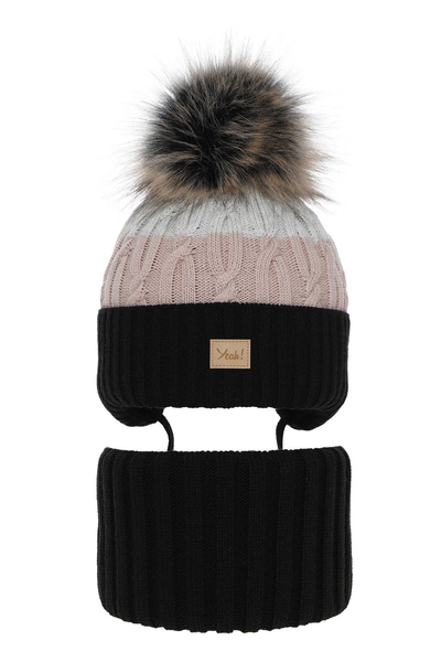 Girl's winter set: hat and tube scarf black Riviera with pompom