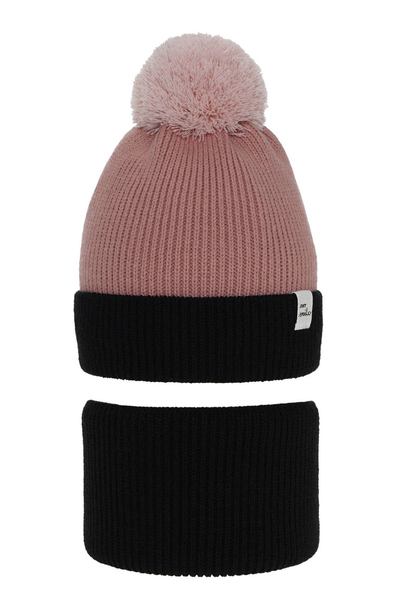 Girl's winter set: hat and tube scarf black Rosalin with pompom