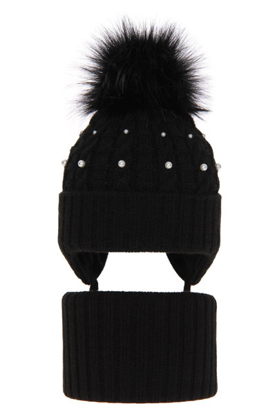 Girl's winter set: hat and tube scarf black Safona with pompom