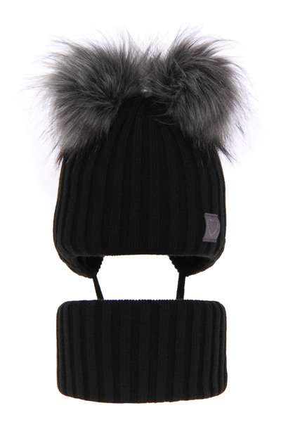 Girl's winter set: hat and tube scarf black Telisa with two pompom