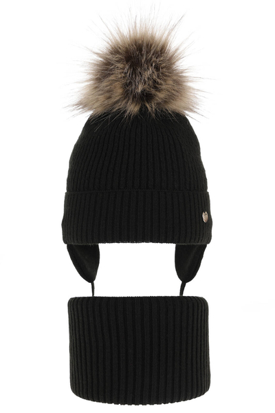 Girl's winter set: hat and tube scarf black with pompom Debra