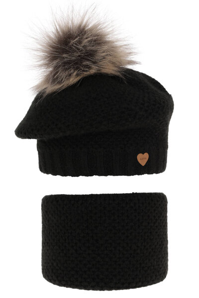 Girl's winter set: hat and tube scarf black with pompom Francesca