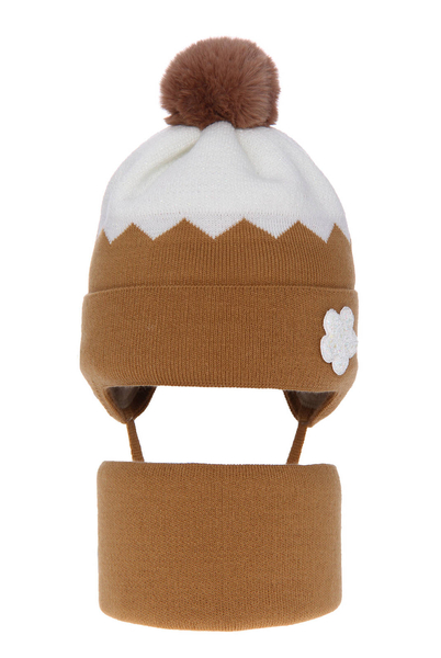 Girl's winter set: hat and tube scarf brown Danka with pompom