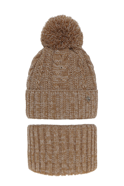 Girl's winter set: hat and tube scarf brown Maroko with pompom