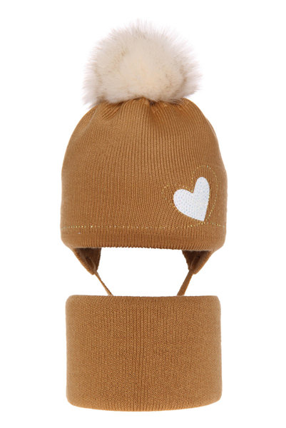 Girl's winter set: hat and tube scarf camel Anna with pompom