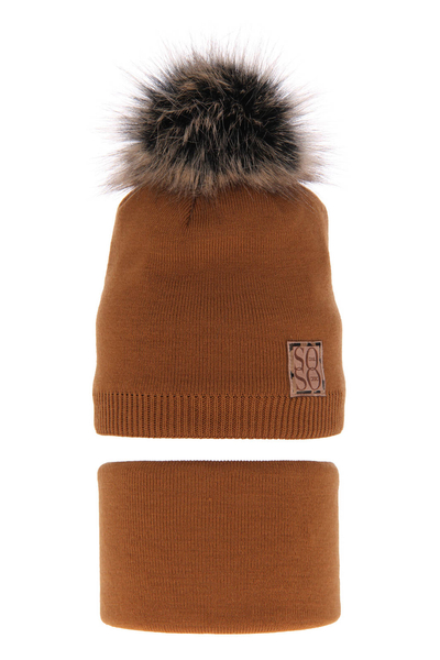 Girl's winter set: hat and tube scarf camel Apolinka with pompom