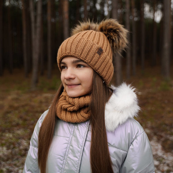 Girl's winter set: hat and tube scarf camel Donata with two pompom