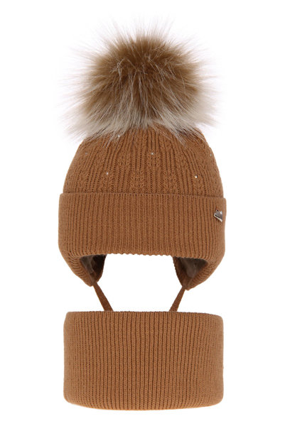 Girl's winter set: hat and tube scarf camel Kornela with pompom