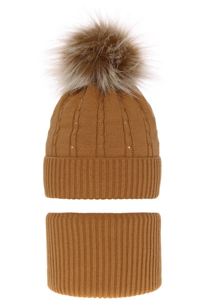 Girl's winter set: hat and tube scarf camel Lawa with pompom