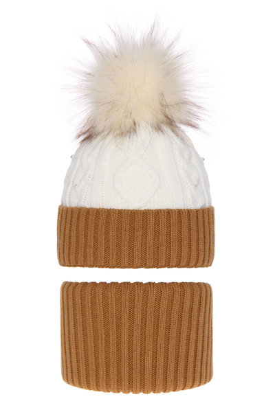 Girl's winter set: hat and tube scarf camel Medison with pompom