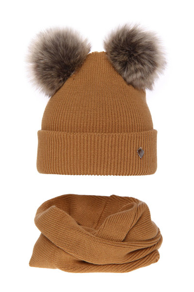 Girl's winter set: hat and tube scarf camel Milagros with two pompom