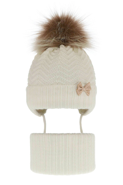 Girl's winter set: hat and tube scarf ecru Chloe with pompom