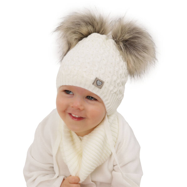 Girl's winter set: hat and tube scarf ecru with two pompoms Poliana