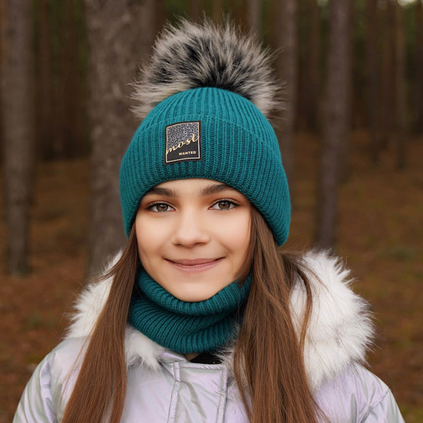 Girl's winter set: hat and tube scarf green Sycylia with pompom