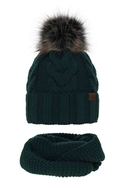 Girl's winter set: hat and tube scarf green Torina with pompom