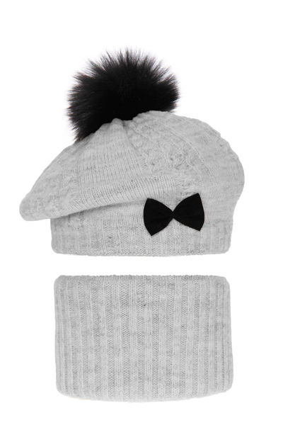 Girl's winter set: hat and tube scarf grey Amora with pompom