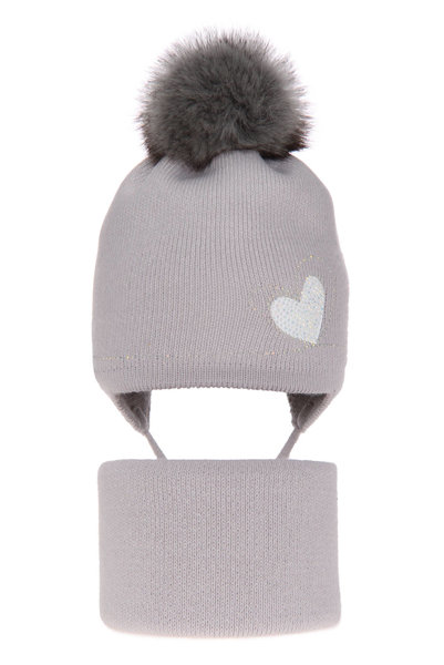 Girl's winter set: hat and tube scarf grey Anna with pompom