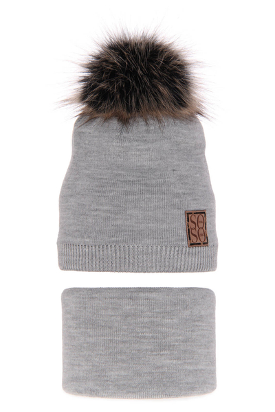 Girl's winter set: hat and tube scarf grey Apolinka with pompom