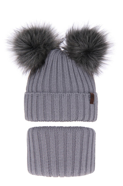 Girl's winter set: hat and tube scarf grey Donata with two pompom