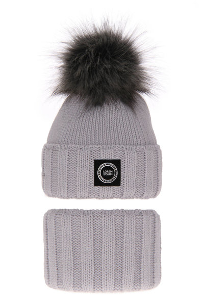 Girl's winter set: hat and tube scarf grey Hendi with pompom