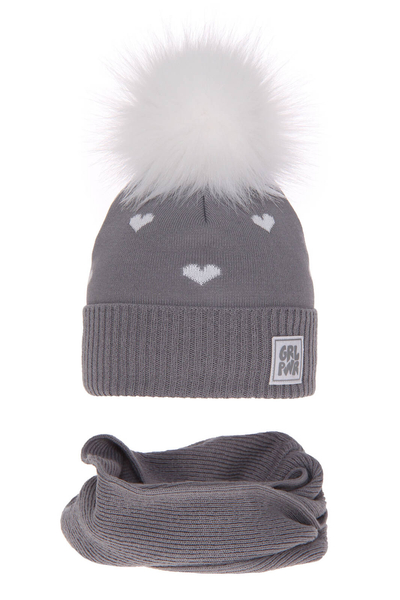 Girl's winter set: hat and tube scarf grey Jasmin with pompom