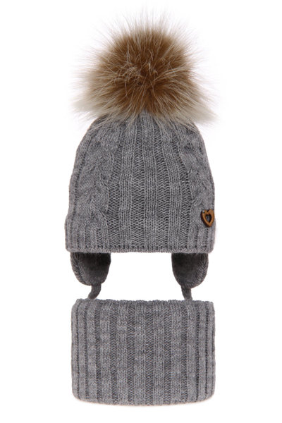 Girl's winter set: hat and tube scarf grey Kardia with pompom