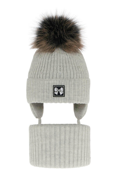 Girl's winter set: hat and tube scarf grey Kinia with pompom