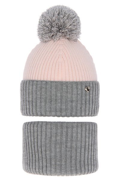 Girl's winter set: hat and tube scarf grey Kolumbina with pompom