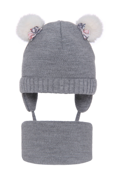 Girl's winter set: hat and tube scarf grey Lilo with two pompom