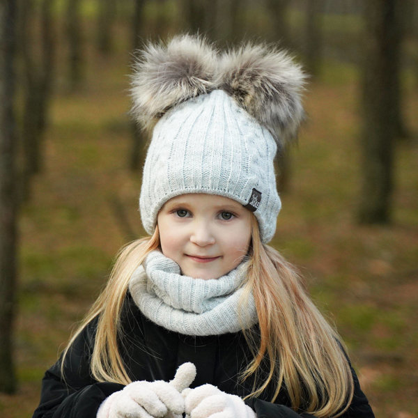 Girl's winter set: hat and tube scarf grey Marlen with two pompom