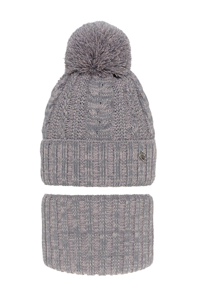 Girl's winter set: hat and tube scarf grey Maroko with pompom