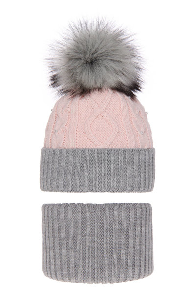 Girl's winter set: hat and tube scarf grey Medison with pompom