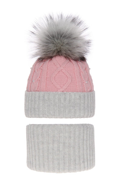 Girl's winter set: hat and tube scarf grey Medison with pompom