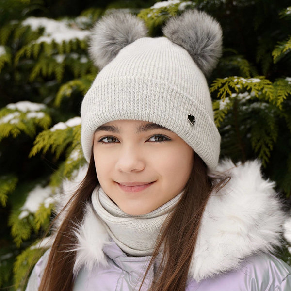 Girl's winter set: hat and tube scarf grey Milagros with two pompom