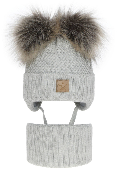 Girl's winter set: hat and tube scarf grey Minsi with two pompom