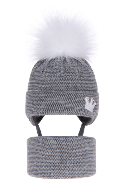 Girl's winter set: hat and tube scarf grey Narnia with pompom