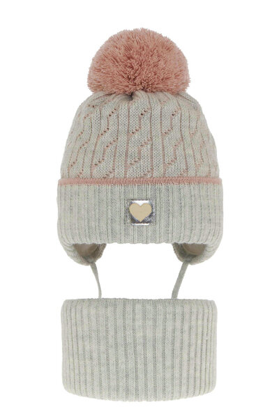 Girl's winter set: hat and tube scarf grey Natka with pompom