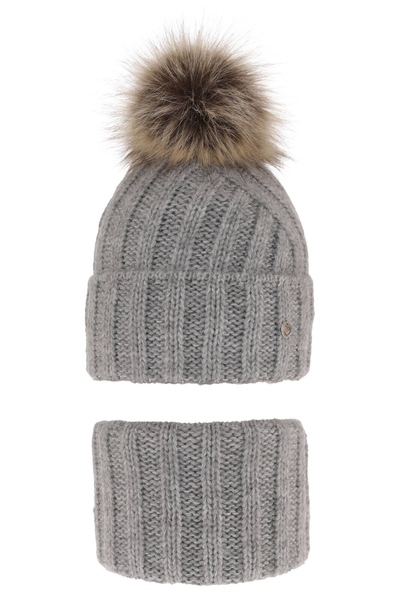 Girl's winter set: hat and tube scarf grey Polaris with pompom