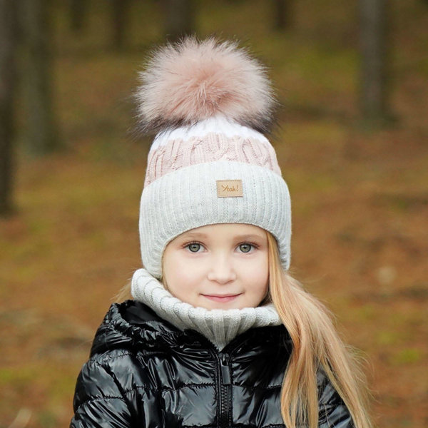 Girl's winter set: hat and tube scarf grey Riviera with pompom