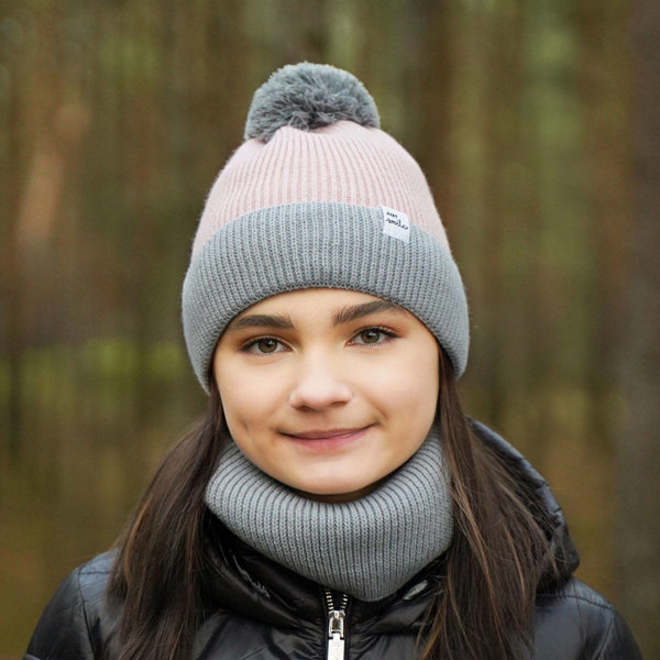 Girl's winter set: hat and tube scarf grey Rosalin with pompom