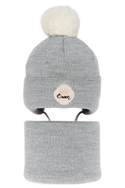 Girl's winter set: hat and tube scarf grey Rota with pompom