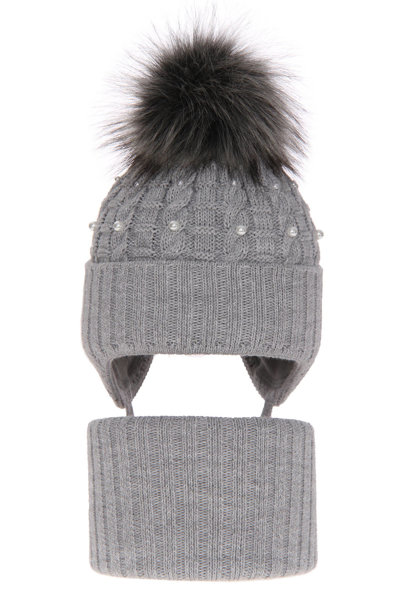 Girl's winter set: hat and tube scarf grey Safona with pompom