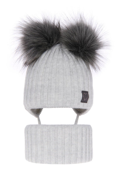 Girl's winter set: hat and tube scarf grey Telisa with two pompom