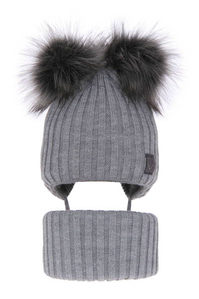 Girl's winter set: hat and tube scarf grey Telisa with two pompom