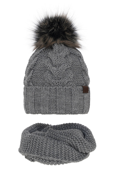 Girl's winter set: hat and tube scarf grey Torina with pompom