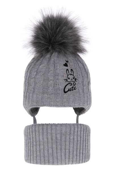 Girl's winter set: hat and tube scarf grey Treccia with pompom