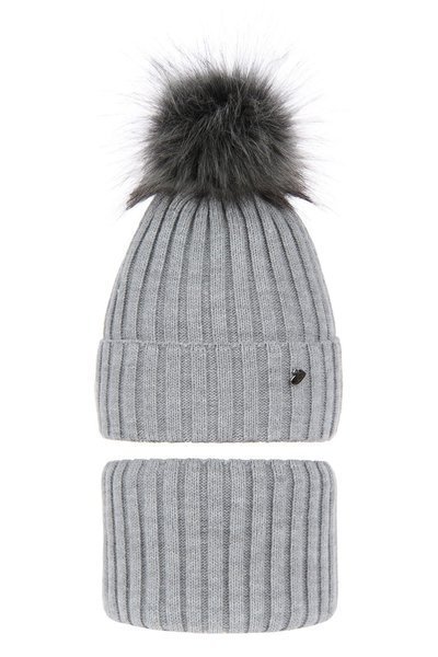 Girl's winter set: hat and tube scarf grey Wilma with pompom