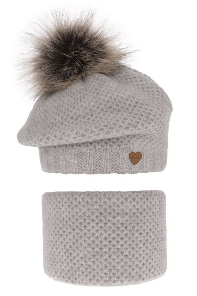 Girl's winter set: hat and tube scarf grey with pompom Francesca