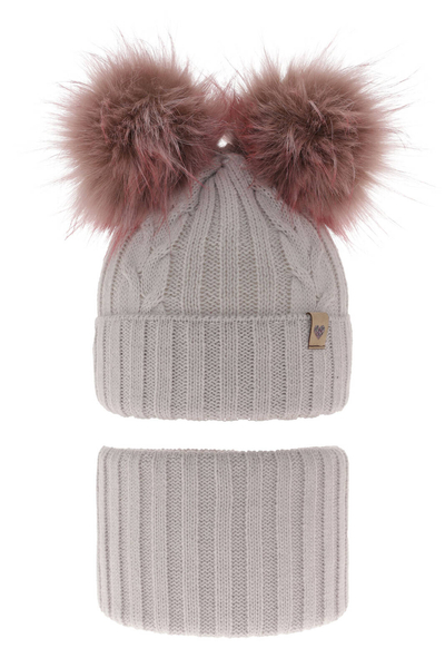 Girl's winter set: hat and tube scarf grey with two pompoms Amala